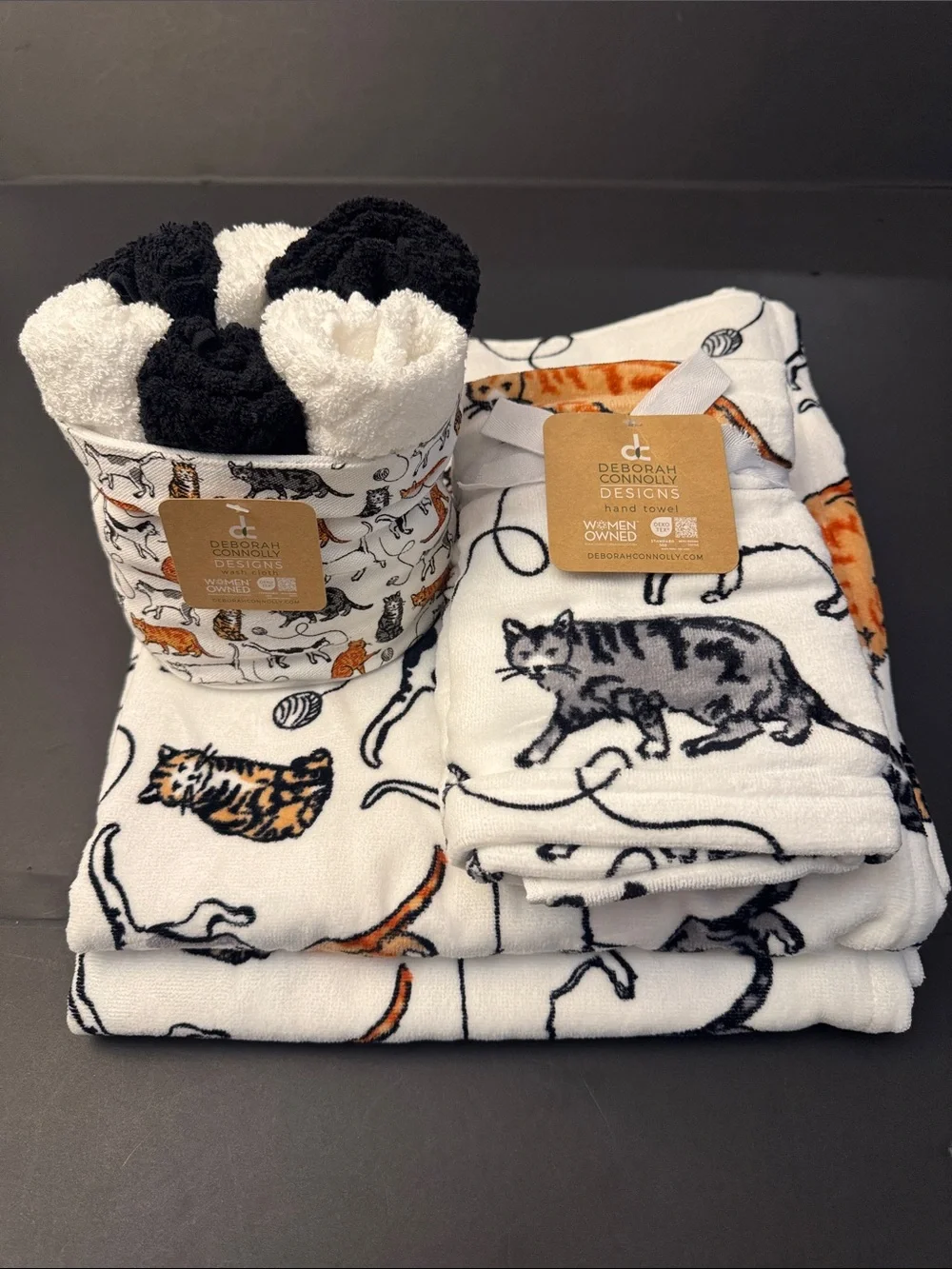 10pc DEBORAH CONNOLLY Cat Print Bath Towel Set - White/Black
